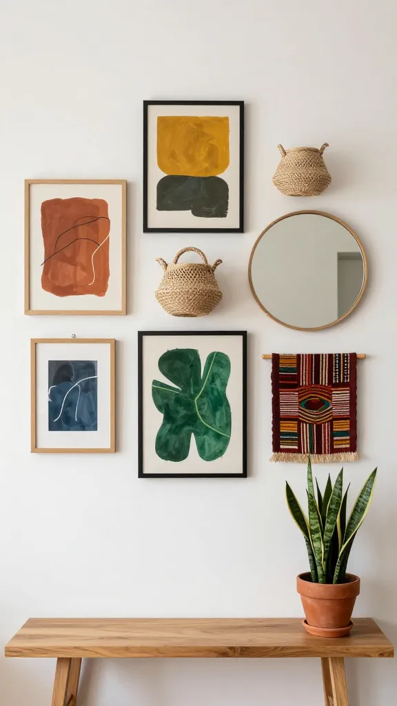 A high-quality, realistic photograph of a bold and soulful Afrobohemian entryway. The wall is painted a warm white, serving as a neutral backdrop for a dynamic, thoughtfully curated gallery wall. This eclectic arrangement features a mix of varying sized framed abstract art with earthy, vibrant color palettes (terracotta, deep mustard, forest green, muted blue), several small, intricately woven natural fiber baskets (jute, raffia, sisal) with subtle geometric patterns, a round mirror with a thin, natural wood frame, and a small, framed textile swatch showcasing a richly textured, patterned African mud cloth. Frame materials and sizes are diverse, including light wood, dark wood, and slim black metal, creating a visually engaging narrative. Below the gallery wall, a slim, minimalist console table made of light oak wood holds a single, lush potted snake plant in a textured terracotta pot. The space is bathed in soft, natural light, creating a welcoming, earthy, and personalized atmosphere. No text.