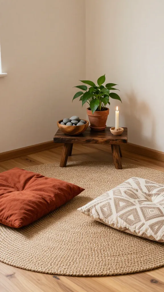 A high-quality, realistic photo capturing a tranquil Afrobohemian ritualistic meditation space. Soft, warm natural light floods a quiet corner of a room, illuminating a round, textured jute mat centrally placed on a light wooden floor. Arranged comfortably on the mat are two plush floor cushions: one in a deep, earthy terracotta and another in cream with a subtle, hand-block printed geometric pattern inspired by traditional African textiles. A small, low, dark-stained wooden stool serves as an altar, holding a smooth, polished wooden bowl filled with grey river stones, a vibrant green Pothos plant in a rustic terracotta pot, and a single, unlit tall beeswax candle in a simple, handcrafted ceramic holder. The wall behind is a muted, warm off-white, with a hint of texture. The scene exudes peace, connection, and serene simplicity, emphasizing natural elements and handcrafted beauty. No text.