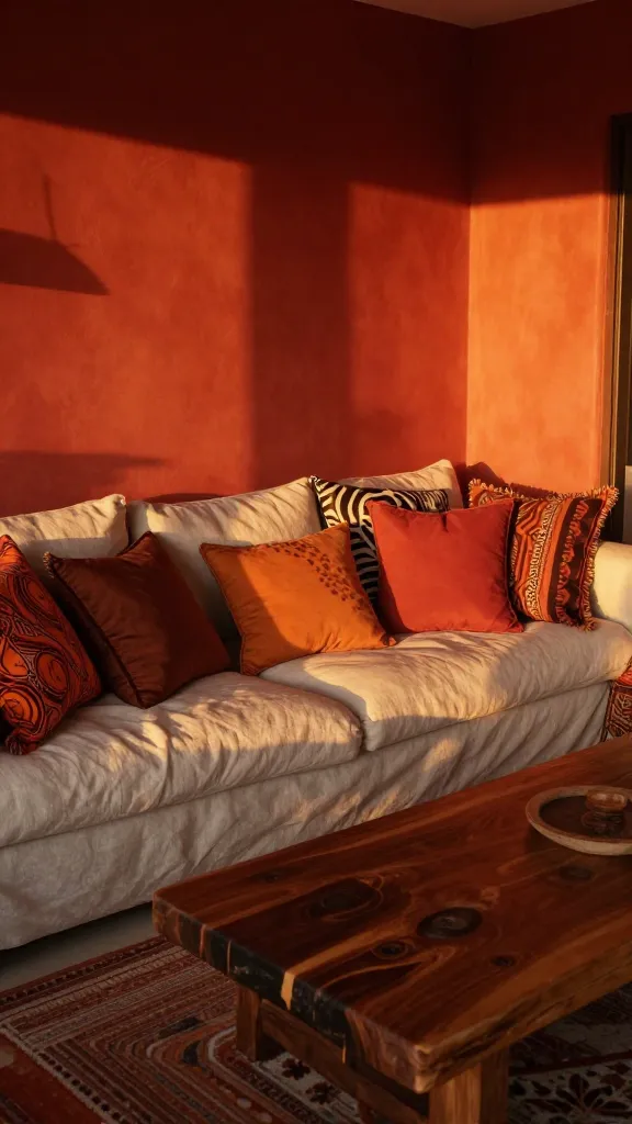 A high-angle, realistic photo of a warm, inviting Afrobohemian living room bathed in the golden glow of a late afternoon sun. The walls are painted a sophisticated, matte rust red, creating a dramatic and cozy atmosphere. A large, comfortable sofa in a neutral cream linen is piled high with an abundance of decorative pillows in varying shades of burnt orange, deep terracotta, fiery red, and rich chocolate brown. Several pillows feature subtle faux animal prints like leopard spots or zebra stripes, while others display intricate, abstract tribal patterns. In front of the sofa sits a substantial, dark, rich wood coffee table, showcasing natural grain and a slightly rustic finish. The overall scene evokes the breathtaking colors of an African sunset, blending warmth, drama, and soulful comfort. Soft, ambient light filters into the room, enhancing the rich color palette and textured fabrics. No text.