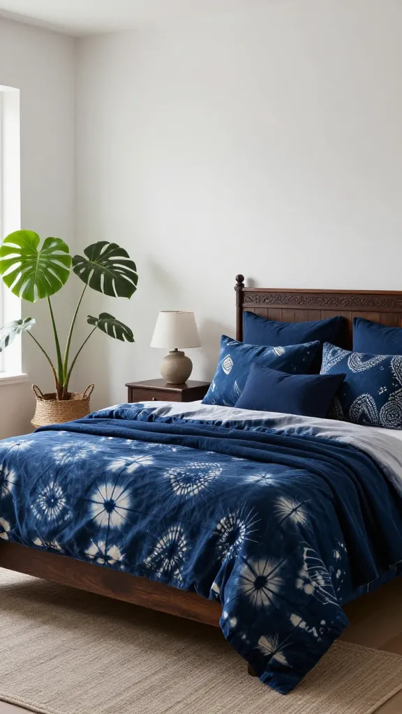 A high-quality, realistic photo of a serene and sophisticated Afrobohemian bedroom. The focal point is a grand bed featuring a dark wood frame and a subtly carved headboard, exuding a sense of tradition. The bed is lavishly dressed with a patterned shibori duvet cover in deep indigo, a solid indigo throw blanket draped artfully across the foot, and an inviting mix of pillows in various indigo shades and subtle ethnic-inspired patterns. The walls are a crisp white, allowing the rich indigo hues to pop vibrantly. Soft, natural light streams in from a window, creating a calming atmosphere and highlighting the textures. A large, lush potted plant in a woven basket sits on the floor in a corner, adding an earthy, natural touch. A simple, dark wood nightstand holds a minimalist ceramic lamp, contributing to the room's soulful elegance. The overall mood is one of deep calm and refined, rooted tradition.