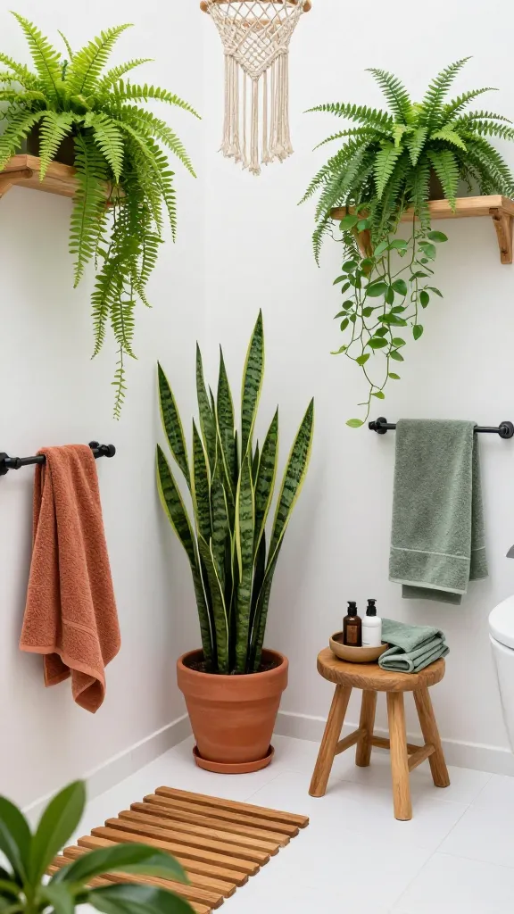 A high-angle, realistic photo capturing a lush Afrobohemian botanical bathroom escape. The scene features crisp white walls and large format white floor tiles, creating a bright, clean canvas. Dominating the space is an abundance of vibrant green, moisture-loving plants: a large, striking Sansevieria (snake plant) stands tall in a textured terracotta pot on the floor, while cascading pothos spills gracefully from natural wood floating shelves. Delicate ferns are nestled on other shelves and hang from the ceiling in handcrafted woven macrame hangers. A natural slatted wooden bath mat rests on the floor, next to a simple, sturdy wooden stool holding a small collection of natural toiletries in a small ceramic dish. Soft, absorbent towels in earthy tones like warm terracotta and sage green are neatly folded nearby. The lighting is bright and natural, streaming in to illuminate the invigorating, jungle-like sanctuary, emphasizing the rich textures and organic beauty. No text.