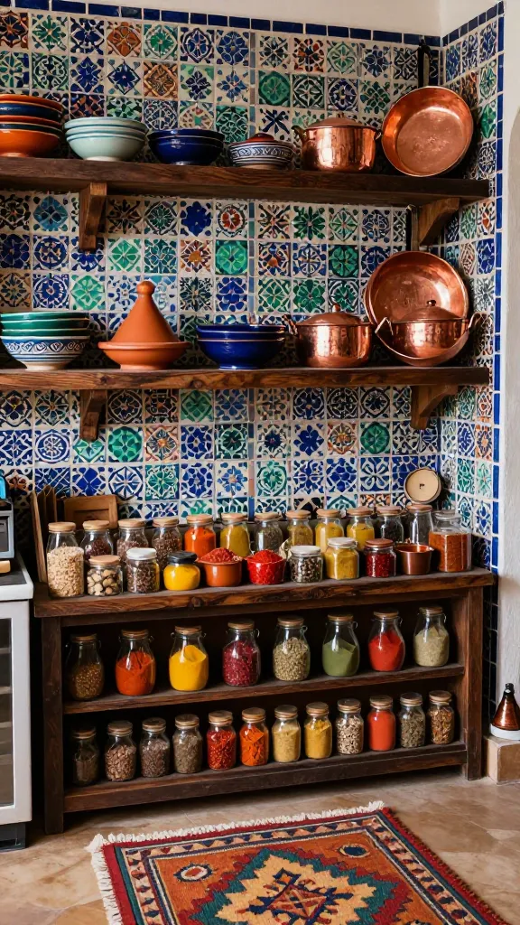 A high-angle, realistic, high-quality photograph of a vibrant and soulful Afrobohemian kitchen corner, bathed in warm, inviting light. The focal point is a striking backsplash composed of intricate, patterned Moroccan tiles in a rich palette of deep blues, emerald greens, and earthy terracotta, extending up to meet dark, richly grained open wooden shelving. The shelves are artfully adorned with a curated collection of handcrafted, colorful ceramic bowls, rustic clay tagines, and a gleaming assortment of varied-sized copper pots and pans, reflecting the ambient light. Below the shelves, an exposed, dark wood spice rack overflows with a vivid spectrum of colorful ground and whole spices in small, clear glass jars, creating an aromatic display. A small, geometrically patterned kilim rug in complementary warm tones lies on the natural-toned floor, adding texture and a global touch. The overall scene exudes a sense of bold character and earthy comfort, with no text.