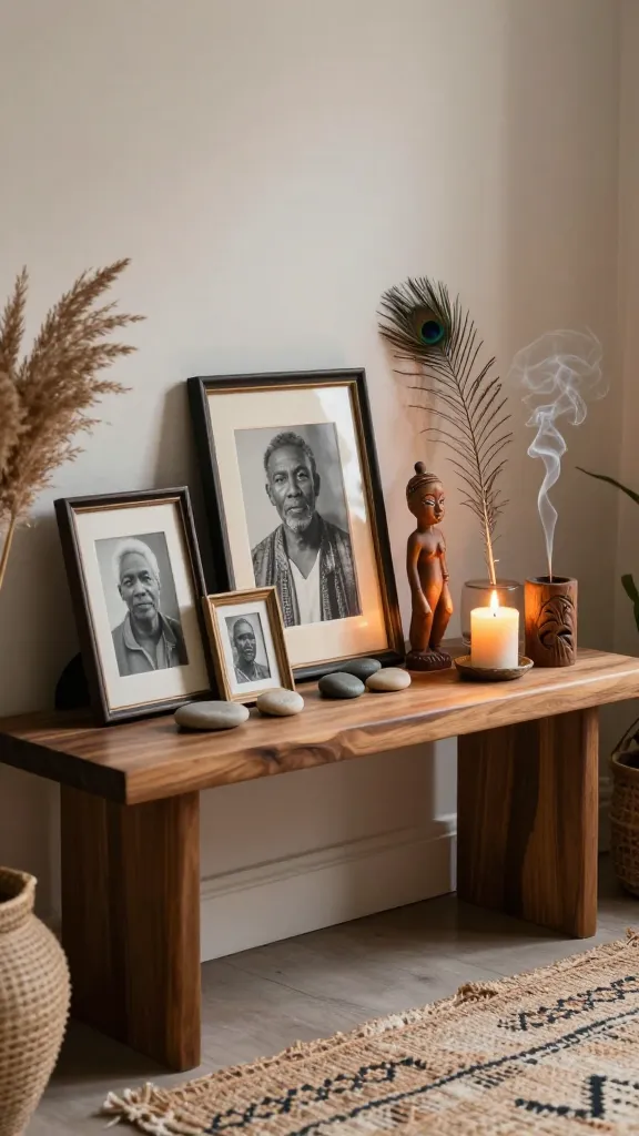 A high-quality, ultra-realistic photograph of a serene, Afrobohemian ancestral altar nook in a sun-dappled, quiet corner of a home. A simple, low-slung, dark solid wood console table serves as the altar. Adorning the table are several framed, vintage-style black and white photographs of ancestors, varying in size, some leaning, some standing. Beside them, a small, hand-carved wooden statue with an African aesthetic, a cluster of smooth river stones, and a delicate arrangement of dried pampas grass and a single peacock feather. A lit beeswax candle in a rustic, textured holder casts a warm glow, with a wisp of smoke rising from a carved wooden incense holder. Beneath the table, a small, soft hand-woven rug with earthy tones and subtle geometric patterns adds texture. The background is softly blurred, emphasizing the intimate, reflective space. Natural light filters in gently, highlighting the textures and creating a soulful, deeply personal atmosphere. No text.