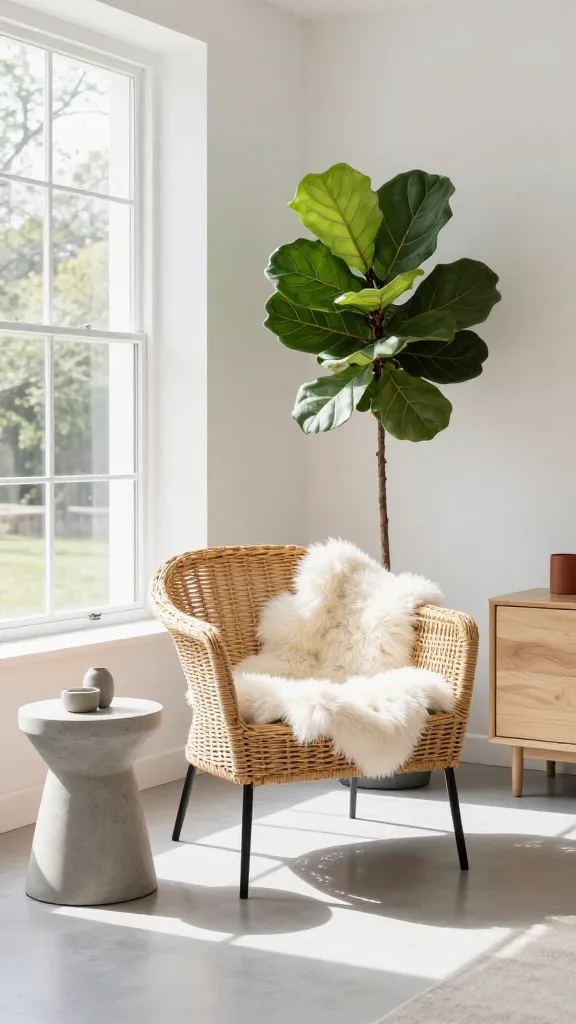 A high-quality, realistic photo of a sun-drenched Scandinavian living room corner. A sleek, open-weave rattan armchair with slender black legs is perfectly positioned beside a large window, bathed in warm natural light. A soft white sheepskin throw is draped over the armchair. Next to it, a simple, minimalist concrete side table holds a small, decorative item. A tall, vibrant fiddle leaf fig plant stands gracefully nearby. The room's color palette features crisp white walls and soft grey flooring, complemented by pale birch wood tones in the background, creating an airy and expansive feel. Subtle accents of sage green or muted terracotta could be seen in a distant detail or a small decorative element. The overall scene exudes calm, brightness, and natural textures, captured with professional interior photography. No text.