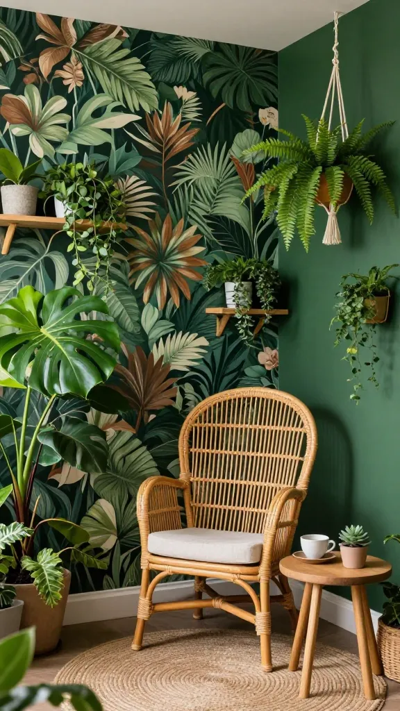 A high-resolution, professional interior photograph of a small living room transformed into an 'Urban Jungle Oasis'. The focal point is a medium-toned rattan peacock chair, positioned invitingly. One wall features a dramatic, lush floral wallpaper showcasing deep forest green, emerald, and earthy brown tropical leaves and subtle blooms, while adjacent walls are painted a rich, deep forest green. The room is overflowing with an abundance of diverse potted plants: large floor-standing Monstera and Fiddle Leaf Fig plants, smaller trailing plants cascading from floating wooden shelves, and delicate hanging ferns in macrame hangers. A small, round wooden side table next to the chair holds a ceramic teacup and a tiny succulent. An earthy-toned woven rug anchors the seating area. Natural light streams in, creating a vibrant, serene, and immersive plant-filled paradise. No text.
