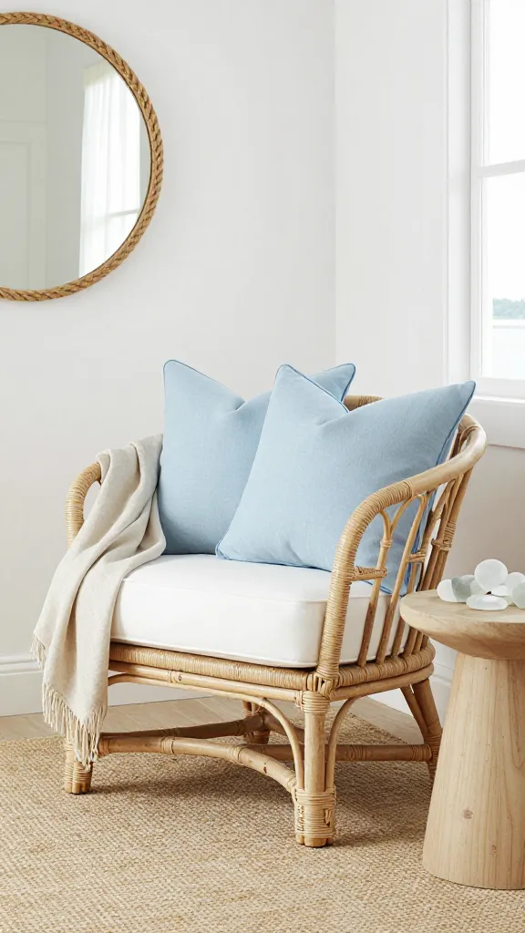 A high-quality, realistic photo of a small, light-filled living room designed in a Coastal Chic style. A classic, slightly distressed rattan barrel chair with a crisp white cushion is positioned invitingly, with a light sandy beige linen throw casually draped over one arm. The room features a refreshing palette of soft sky blues on accent pillows, sandy beiges in a textured area rug, and crisp white walls, creating a breezy and elegant atmosphere. Subtle nautical elements include a round, rope-wrapped mirror reflecting natural light from a nearby window, and a small collection of frosted sea glass displayed on a light wood side table next to the chair. The overall scene captures the relaxed elegance of a serene seaside retreat, perfect for unwinding.