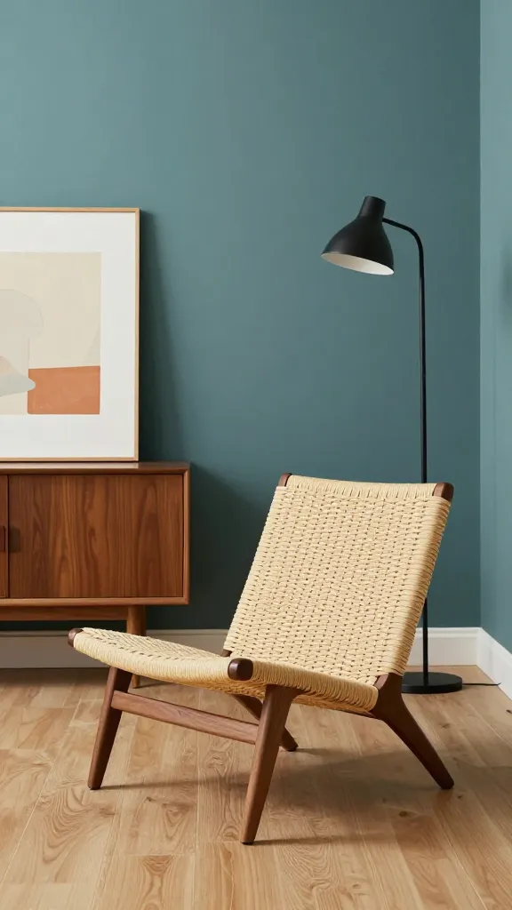 A high-resolution, professional photograph of a small, mid-century modern minimalist living room. A low-slung, geometrically inspired rattan lounge chair with sleek dark walnut wood legs is positioned prominently as the centerpiece. The natural, warm tone of the rattan contrasts with the sophisticated teal walls. Adjacent to the chair, a tall, sculptural floor lamp with a matte black finish stands gracefully. Against a wall, a low, minimalist credenza in warm walnut brown holds a single, impactful piece of abstract art featuring subtle shapes and a muted orange accent. The room is bathed in soft natural light, highlighting the clean lines and rich textures. The floor is light oak, and the overall aesthetic is uncluttered and elegant, emphasizing sophistication in a compact space. No text.