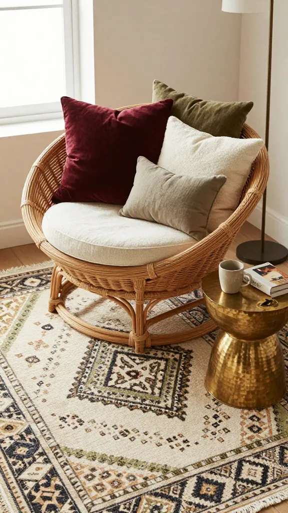 A high-angle, realistic, professional interior design photograph capturing a luxurious and inviting Boho Luxe small living room sanctuary. The focal point is a generously sized, intricately woven natural rattan papasan chair, piled high with sumptuous, textural cushions in deep burgundy velvet, earthy olive linen, and creamy ivory boucle. Beneath the chair, a rich layering of authentic Moroccan rugs with geometric patterns in muted tones of cream, charcoal, and subtle olive adds depth and warmth. A small, round hammered brass side table sits next to the chair, holding a delicate ceramic mug and a book. Soft, diffused natural light streams in from a nearby window, enhancing the rich textures and creating a serene atmosphere. Subtle metallic accents are present in a decorative object on the side table and the base of a floor lamp. The overall impression is one of elevated comfort and refined bohemian elegance.