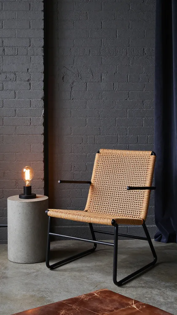A high-quality, realistic photograph capturing a cozy small industrial loft living room. The centerpiece is a structured rattan accent chair with a sturdy black metal frame, positioned against a textured exposed brick wall. A minimalist concrete side table sits next to the chair, holding a vintage Edison bulb lamp that emits a warm, inviting glow. The room's palette features charcoal grey and deep navy accents in soft furnishings, complemented by a distressed brown leather throw or cushion, balancing the industrial elements with natural warmth. Professional interior photography, no text.