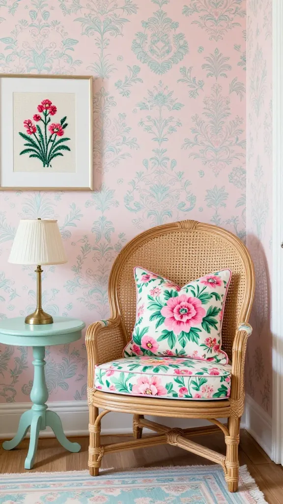 A high-quality, realistic photograph capturing a charming Grandmillennial Glam living room corner. The focal point is a classic, slightly ornate rattan fan-back accent chair, adorned with a plush floral throw pillow featuring vibrant pink and green blooms. The chair is positioned against a wall covered in delicate chintz patterned wallpaper, in soft blush pink and powder blue tones. Adjacent to the chair is a small, vintage-inspired round side table in a coordinating pastel shade, topped with a small brass lamp with a pleated fabric shade. A framed needlepoint art piece hangs on the wall above the side table. The overall palette is a delightful mix of soft pastels – blush pink, mint green, and powder blue – with pops of vibrant floral prints integrated throughout the decor. Soft, natural light illuminates the scene, creating an inviting, playful, yet sophisticated atmosphere, highlighting the textures and patterns. No text.