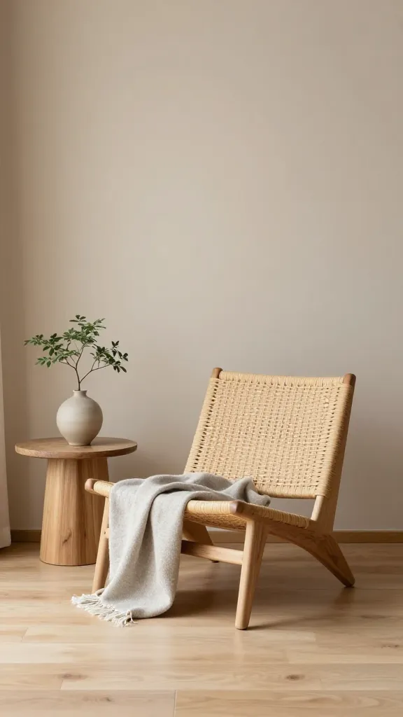 A high-quality, realistic photograph of a serene Japandi-style living room corner. A low-profile, clean-lined rattan accent chair, featuring a simple, almost sculptural form, is positioned against a warm, light beige wall. The space embodies a calming color palette of muted earth tones, soft greys, and natural wood. Adjacent to the chair, a minimalist wooden side table holds a single, perfectly placed ceramic vase and a delicate bonsai plant. A soft, natural-fiber throw in a muted grey or off-white drapes elegantly over the chair. The floor is light natural wood, contributing to the overall minimalist and warm aesthetic. Soft, natural light streams into the impeccably styled, uncluttered environment. No text.
