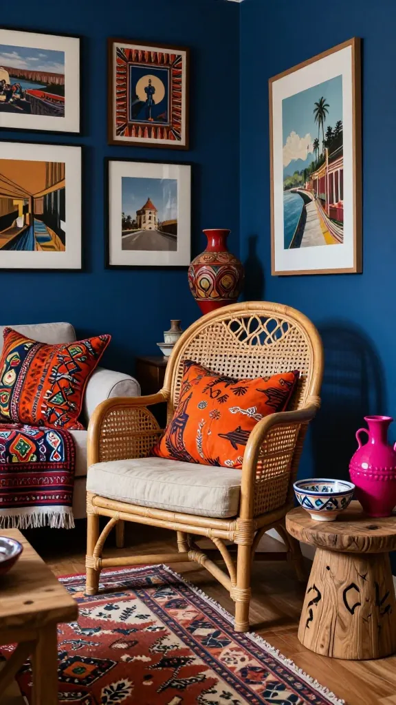 A high-quality, realistic photograph capturing a cozy, small living room designed in an Eclectic Global Traveler style. The focal point is a unique, vintage-inspired rattan accent chair with a distinctive, intricate woven back and a plush, natural linen cushion, positioned as a comfortable conversation piece. The rich and varied color palette features deep indigo blue walls or a prominent textile element, vibrant spice-market orange accents in patterned throw pillows and a draped blanket, and pops of vivid fuchsia in a decorative ceramic vase or a piece of framed art. The room is a curated collection of global treasures, with layered textiles from different cultures, including a distressed Kilim rug on the floor and an embroidered throw draped over a nearby sofa (partially visible). Artisanal pottery pieces, such as hand-painted bowls and textured terracotta vessels, are thoughtfully displayed on a rustic, carved wooden side table next to the rattan chair. Behind the chair, a gallery wall showcases an eclectic collection of framed art, featuring travel photography, ethnic prints, and abstract pieces, all contributing to a bohemian and well-traveled narrative. Natural light streams softly into the space, highlighting the varied textures of woven baskets, natural wood elements, and rich fabrics. No text on images.