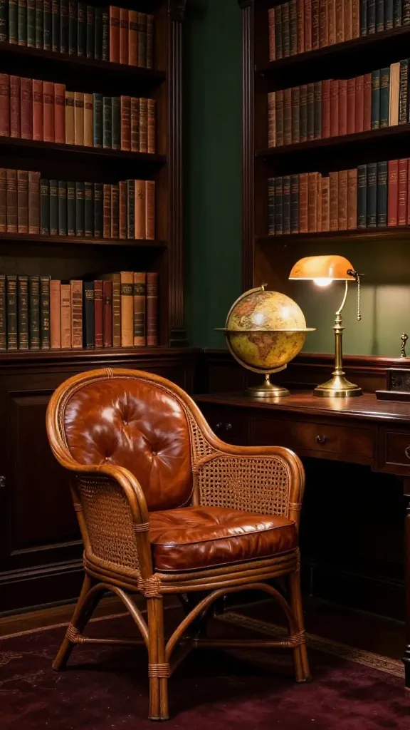 A high-quality, realistic interior photograph of a sophisticated and cozy Dark Academia den. The main subject is a classic, slightly masculine rattan club chair, featuring a deep, warm cognac leather cushion, positioned invitingly in the foreground. The chair is surrounded by tall, dark wood bookshelves overflowing with vintage books, creating a rich, intellectual backdrop. Adjacent to the chair, a sturdy dark wood desk holds a vintage globe with aged brass accents and a beautifully crafted brass desk lamp casting a warm, focused glow. The room's color palette is dominated by deep forest greens on the walls or textiles, rich burgundies in subtle accents like a throw blanket or book spines, and plenty of dark wood furniture. The overall atmosphere is moody, warm, and full of character, with soft, ambient lighting highlighting textures and details. No text.
