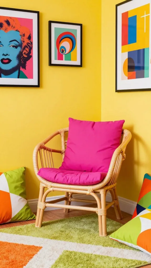 A high-quality, realistic interior design photograph of a small, vibrant Pop Art-inspired living room. A simple, modern rattan accent chair with a clean profile is positioned prominently, featuring a plush cushion in shocking fuchsia. The walls are painted a playful lemon yellow, adorned with several framed, colorful Pop Art prints and bold graphic posters. A geometric patterned rug in shades of lime green, orange, and white grounds the space. Complementary throw pillows with strong geometric patterns in lime green and orange are arranged on a nearby seating element, adding to the energetic and fun atmosphere. The room is brightly lit, emphasizing the bold colors and dynamic patterns. No text on images.