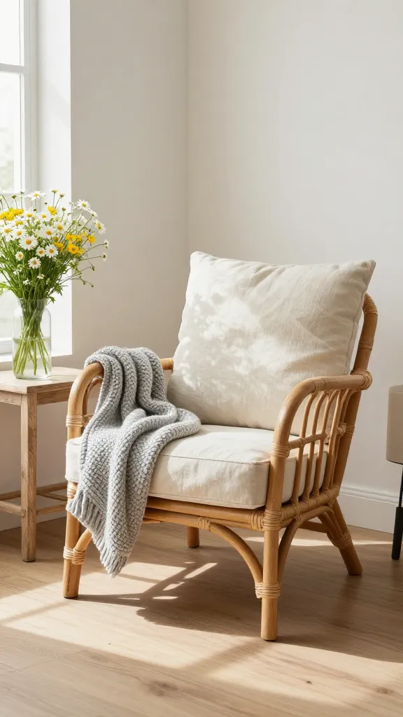 A high-quality, realistic photograph of a cozy corner in a modern farmhouse living room, bathed in soft, warm natural light. The focal point is a sturdy yet stylish rattan accent armchair, featuring a thick, comfortable cream-colored linen cushion. A soft, light grey chunky knit throw is casually draped over one arm of the chair. To the side, a distressed light wood side table holds a clear glass vase brimming with fresh white and yellow wildflowers, like daisies and buttercups. The walls are painted in a creamy white, complemented by natural light wood flooring and subtle decorative elements. The overall color palette is dominated by warm neutrals: creamy whites, soft greys, and natural wood tones, with a very subtle touch of matte black in a minimalist lamp base partially visible. The scene evokes a feeling of inviting comfort, rustic charm, and approachable elegance. No text.