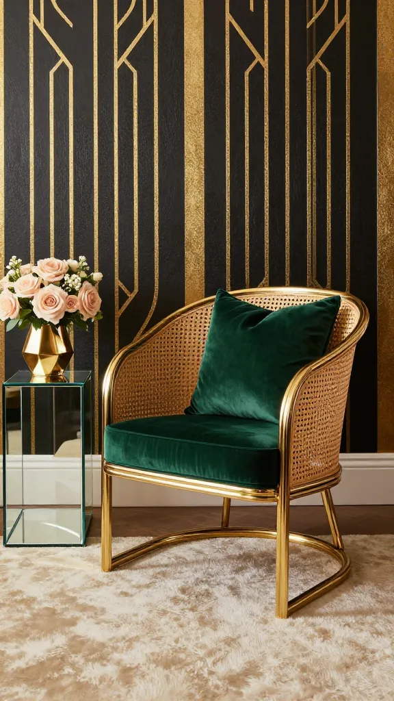 A high-quality, realistic photo of a luxurious Art Deco Revival small living room vignette. The focal point is a sleek, curvilinear rattan accent chair with polished brass accents, adorned with a rich emerald green velvet throw pillow. Adjacent to the chair, a mirrored glass side table holds a delicate blush-colored floral arrangement in a geometric gold vase. The background wall features a subtle geometric pattern in deep black and shimmering gold, while a plush cream rug anchors the elegant setting. The lighting is soft and warm, emphasizing the luxurious textures and reflective surfaces, creating an atmosphere of sophisticated old-world opulence.