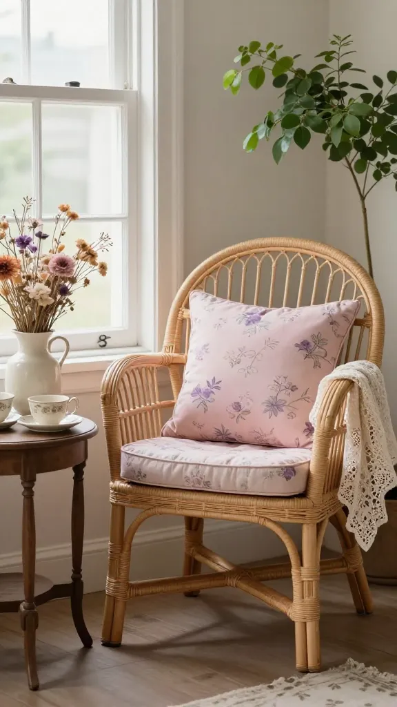 A high-quality, realistic photograph of a cozy cottagecore-inspired corner in a small living room. The main subject is a delicate, almost dainty rattan accent chair with an intricate, light weave, featuring a soft floral cushion in muted pinks and gentle lavenders. The chair is positioned near a window, bathed in soft, diffused natural light. On a small, vintage wooden side table next to the chair, sits a charming arrangement of dried flowers in a creamy white ceramic vase and a small collection of antique teacups. A vintage lace textile throw is draped artfully over the arm of the rattan chair, adding to the nostalgic charm. The background features a wall painted in a soft, creamy white, with subtle hints of fresh green foliage from a nearby potted plant. The overall atmosphere is whimsical, romantic, and imbued with gentle beauty, emphasizing the muted pinks, gentle lavenders, creamy whites, and fresh greens of the color palette. Sharp focus on the chair and surrounding details, with a soft, inviting depth of field. No text.