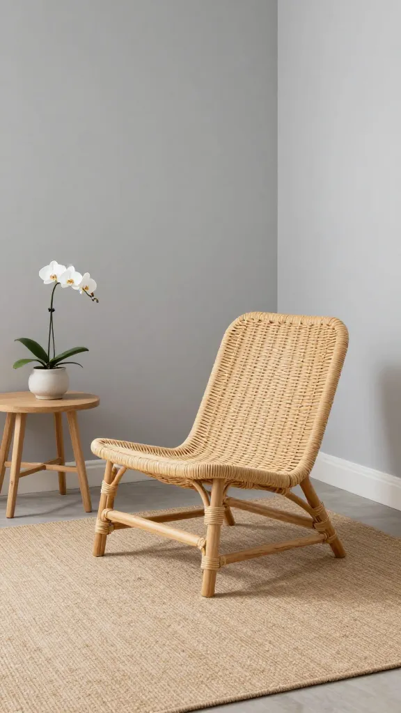 A high-quality, realistic photograph of a small, tranquil living room designed in a Zen Retreat Minimalist style. The focal point is a low-profile, unadorned natural rattan floor chair positioned invitingly on a warm oatmeal-colored natural fiber rug. The walls are clean and painted in a soft, muted grey. Adjacent to the chair, a small, light-wood minimalist side table holds a single, elegant white orchid in a simple ceramic pot. The overall color palette is incredibly muted, featuring soft greys, warm oatmeal, and natural light wood tones. Soft, diffused natural light streams into the room, creating a serene and uncluttered atmosphere that emphasizes peace and mindfulness. No text.