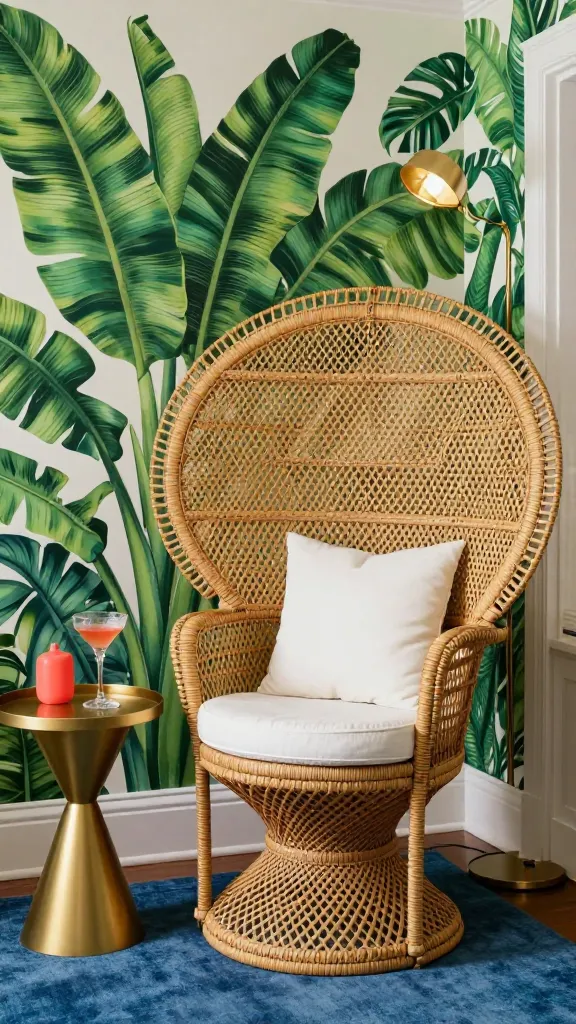 A realistic, high-quality professional photograph showcasing a luxurious 'Tropical Getaway Glam' small living room corner. A grand, intricately woven natural rattan peacock chair with a plush white cushion stands as the focal point, positioned against a wall featuring bold, large-scale botanical print wallpaper with vibrant green banana leaves. Adjacent to the chair, a chic round gold-finished side table holds an elegant cocktail in a clear glass and a small decorative object in a bright coral hue. A modern floor lamp with gold accents illuminates the scene. A subtle area rug in a deep ocean blue anchors the space. The overall atmosphere is vibrant, sophisticated, and exotic, bathed in warm, inviting natural light. No text.