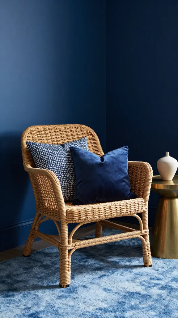 A high-quality, realistic photograph of a sophisticated small living room, bathed in soft, natural light. The walls are painted a deep, rich navy blue, creating a luxurious monochromatic backdrop. Dominating the foreground is a beautifully woven, modern rattan accent chair, its warm, natural texture providing a striking contrast to the cool blues. Beneath it lies a plush, lighter blue area rug, adding a layer of softness. On the rattan chair, two throw pillows in varying navy patterns and textures (e.g., a geometric navy and a solid navy velvet) add depth. Adjacent to the chair, a sleek, brushed brass side table holds a minimalist ceramic vase. The scene emphasizes varying shades and textures of blue, with the rattan chair standing out as a harmonious natural element. No text on images.