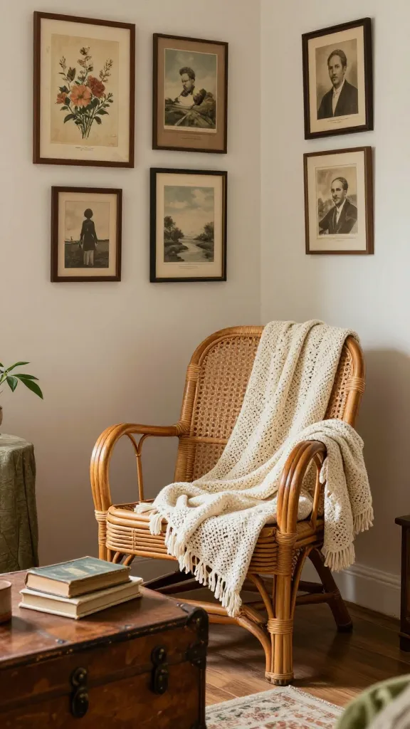 A high-quality, realistic photo capturing a cozy, vintage-inspired corner of a small living room. The focal point is a unique, characterful rattan accent chair, perhaps with a slightly aged patina, positioned invitingly. Draped over one arm of the chair is a soft, cream-colored crochet blanket. In front of the chair, serving as a coffee table, is a sturdy antique wooden trunk, topped with a small stack of old, well-loved books. On the wall behind the chair, a charming gallery wall displays an eclectic arrangement of framed vintage prints, featuring faded florals, muted landscapes, and sepia-toned portraits. The overall color palette is warm and inviting, with soft cream walls, subtle hints of muted green in textiles or a small plant, and rich natural wood tones from the furniture. Soft, natural light streams into the space, enhancing the nostalgic and personal atmosphere. No text on images.